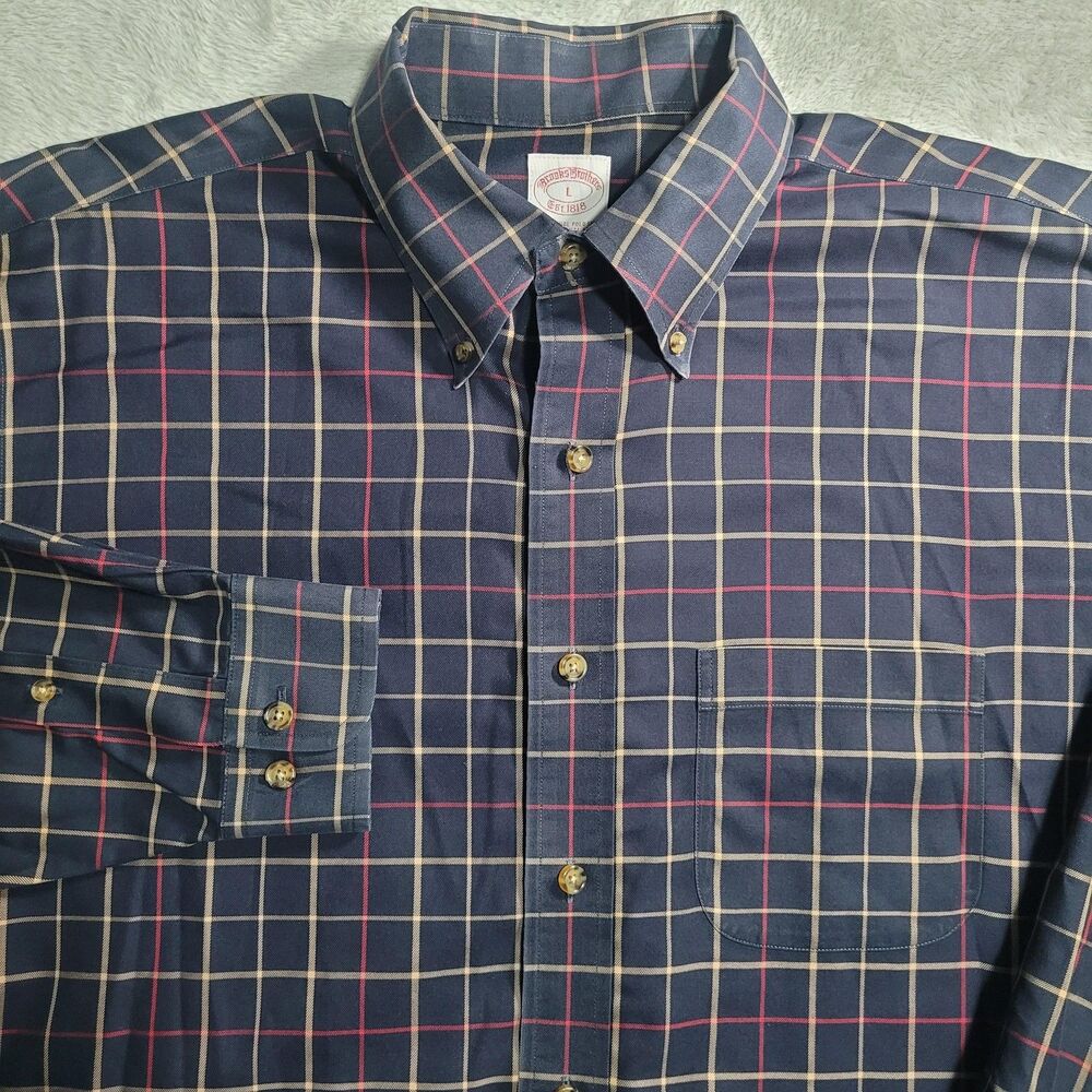 Brooks Brothers Dress Shirt Mens Large Blue Plaid Non Iron Button Down